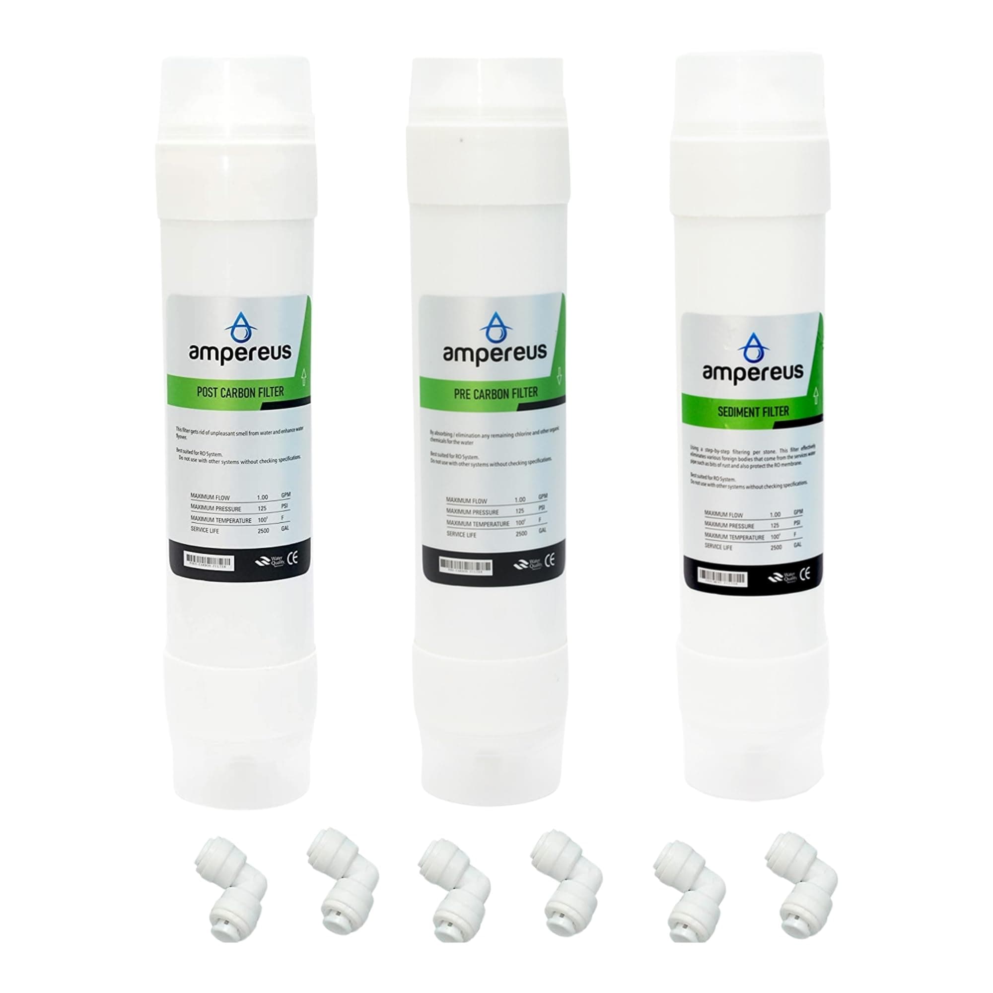 AMPEREUS Quick Fit (push-in) Inline Filter Complete Set with Pre Carbon, Sediment Filter, Post Carbon Filter with Connectors Suitable for all Kind of domestic RO/UV/UF Waterpurifer