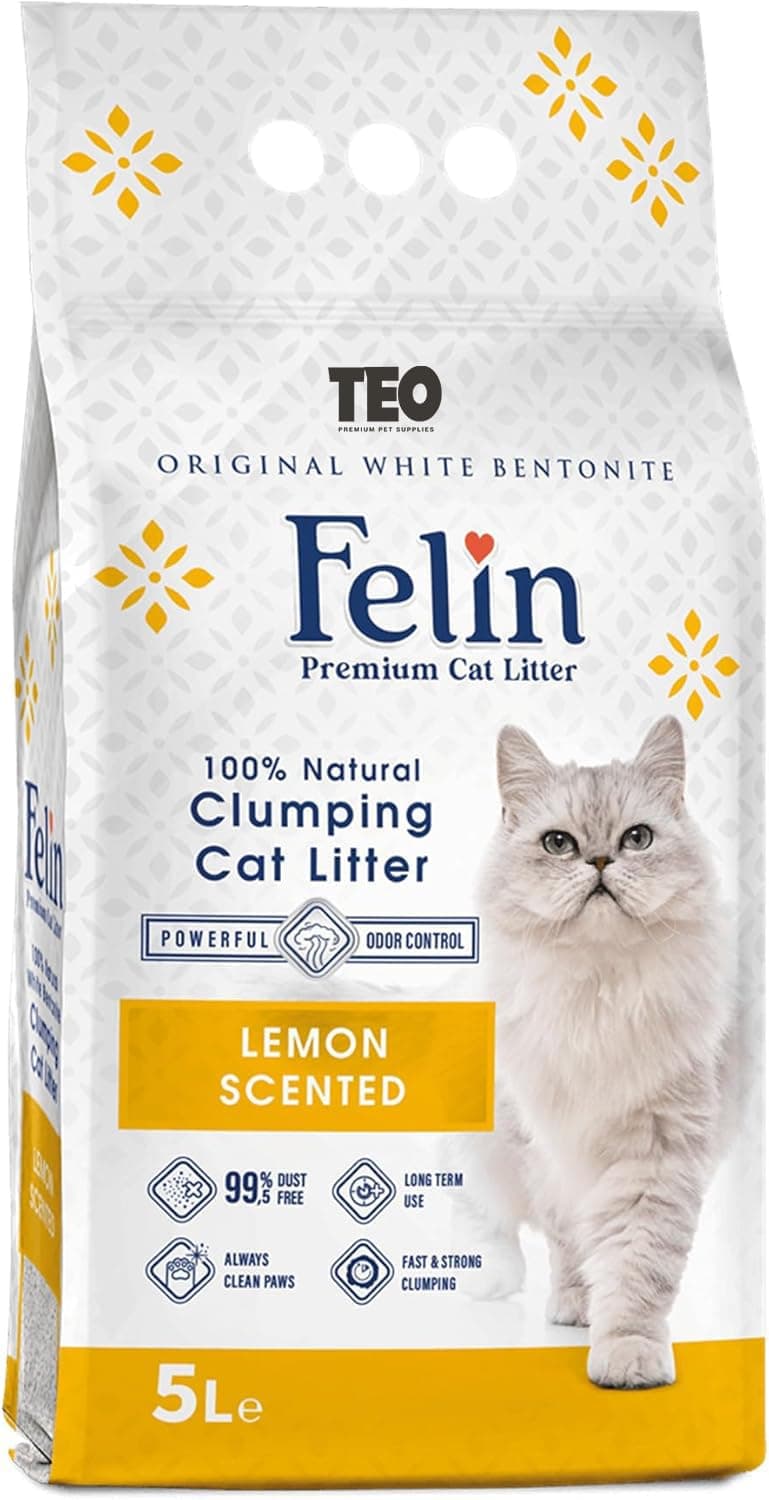 Felin Cat Litter Clumping 100% Natural Bentonite, Clumping 99.5% Dust Free, Forever Fresh, Pet-Friendly, Fighting with Odors Lemon Scented (5 L)