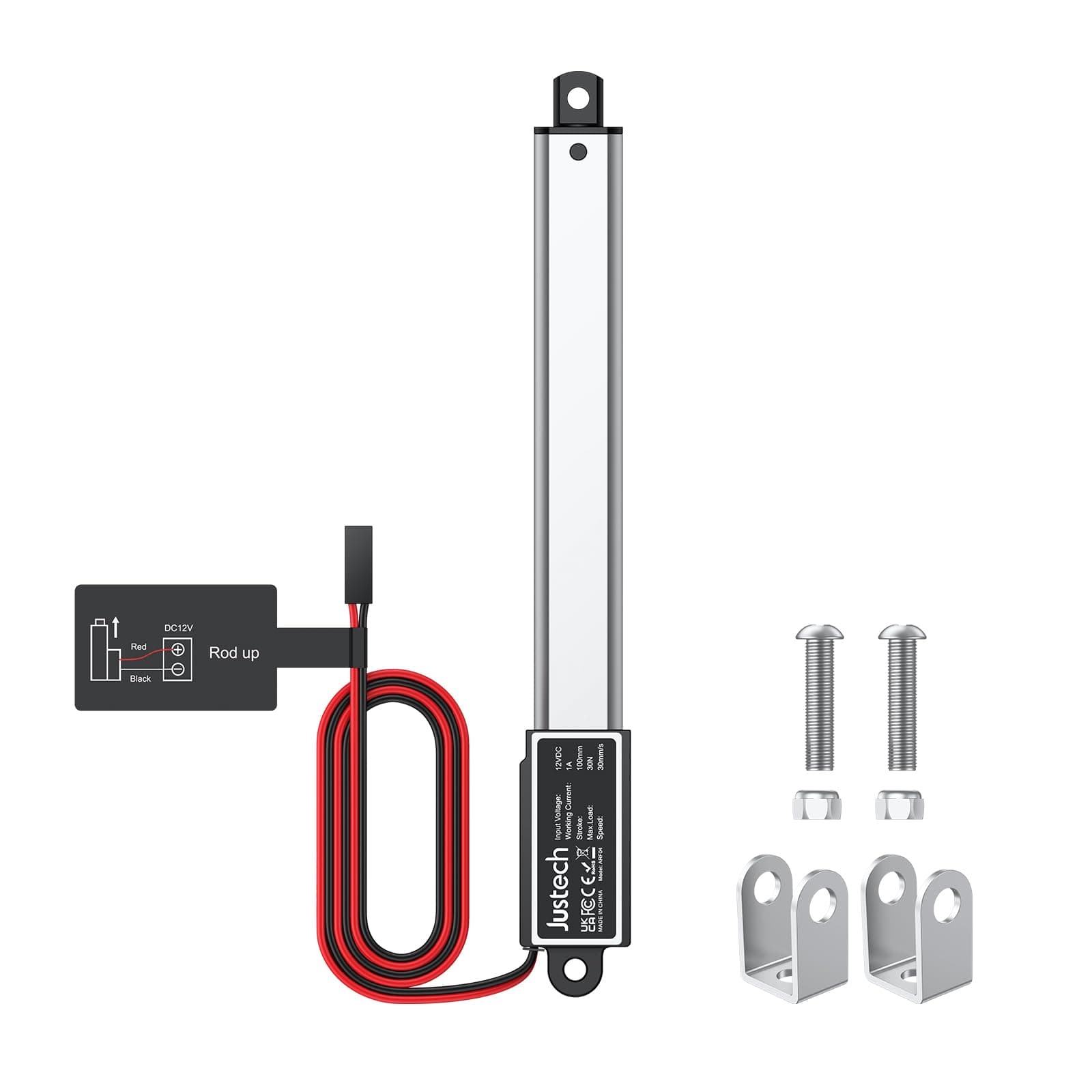 Justech 12V Mini Electric Linear Actuator, 6.7LBS/30N-4 inch/100mm Micro Linear Motion Actuator with IP54 Waterproof & with Mounting Brackets for Door Window Bed RV Solar Tracker