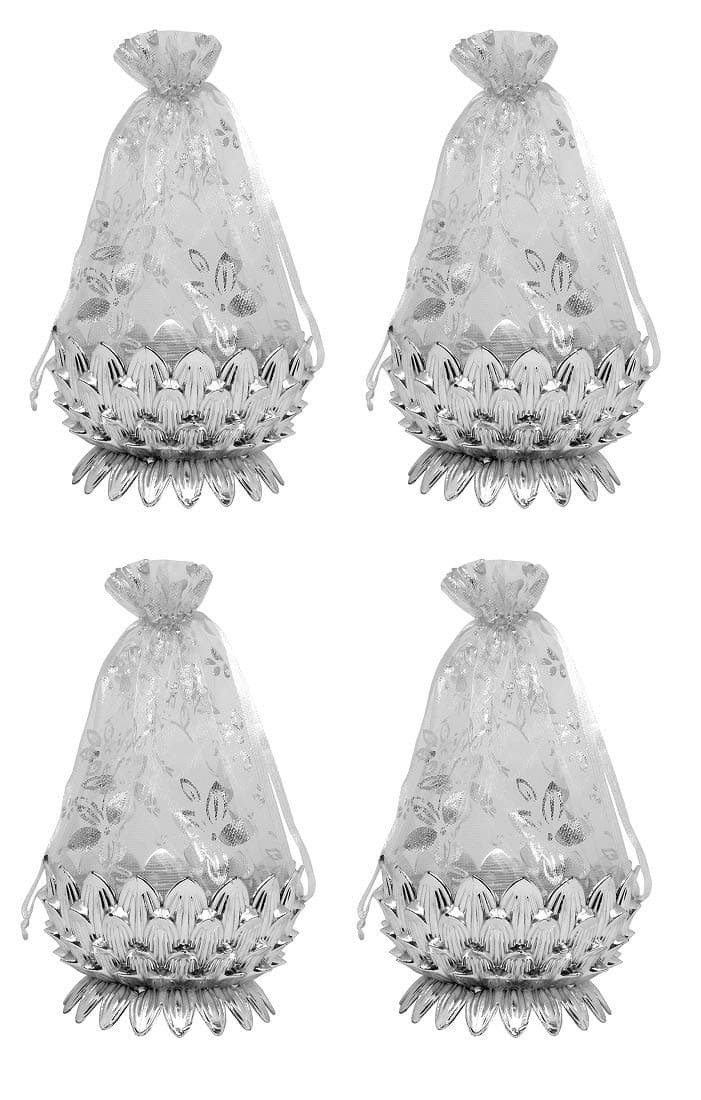 AASA Decorative Net Potli Baskets for Wedding Gift Basket for Packing Shagun Potli Bags for Return Gifts Pack of 1 (Silver, Set of 4Pcs)