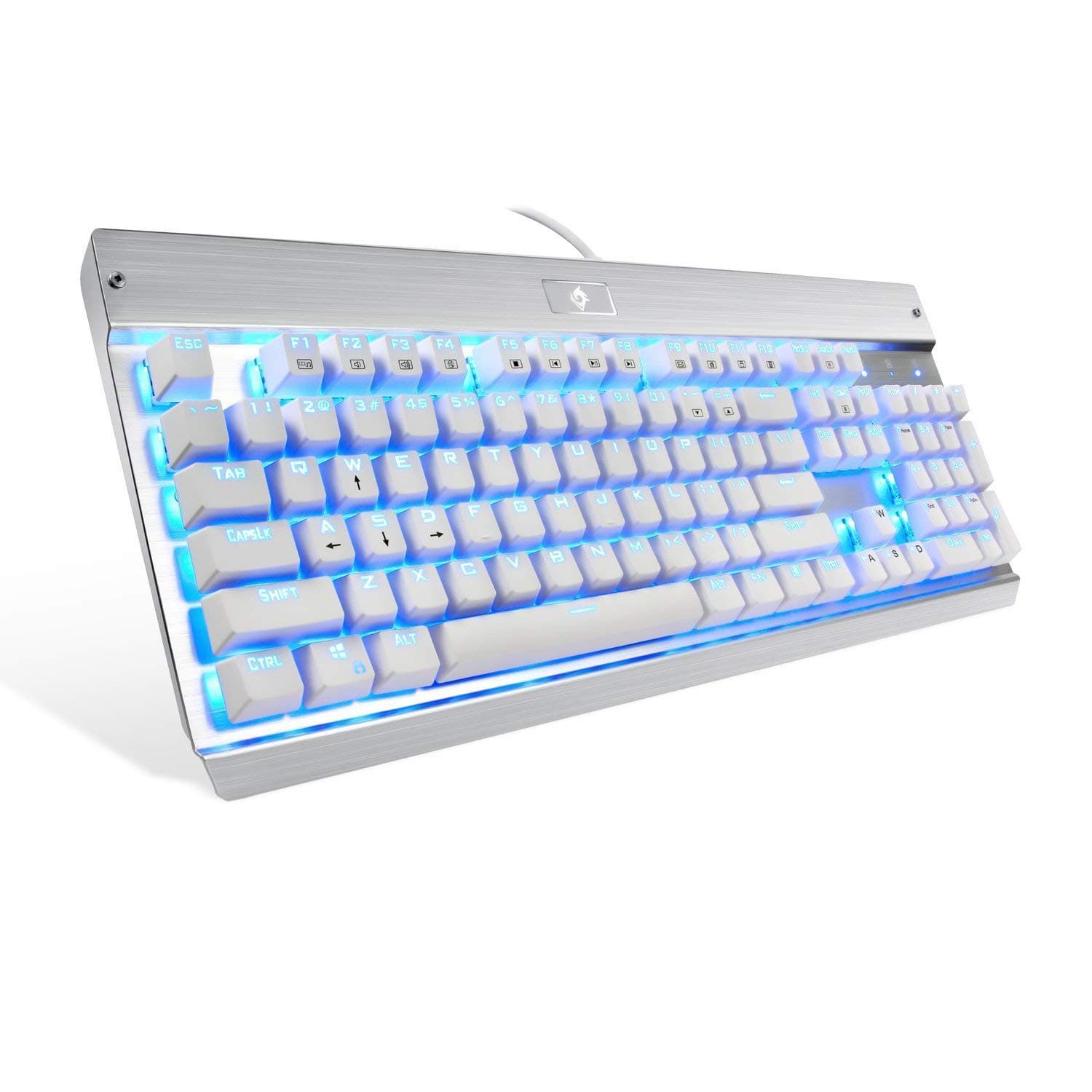 EagleTec KG011 Mechanical Keyboard Wired Ergonomic Clicky Blue Switch Equivalent for Office PC Home or Business (White Keyboard Blue LED Backlit)