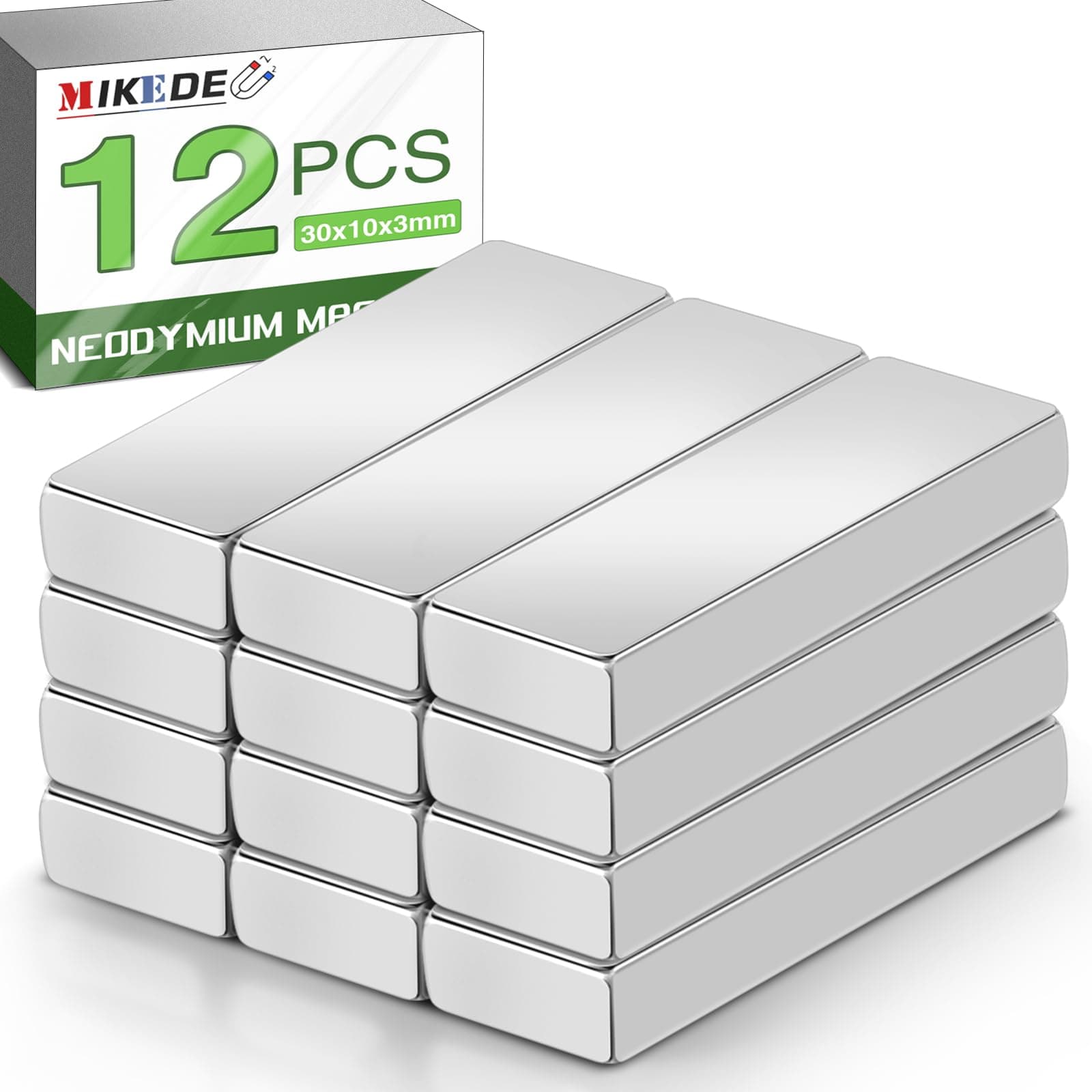 MIKEDE 30x10x3 mm Small Bar Neodymium Magnets,12 Pcs Rectangular Rare Earth Magnets for Crafts, Heavy Duty for Refrigerator, Tool Storage, Whiteboard, DIY