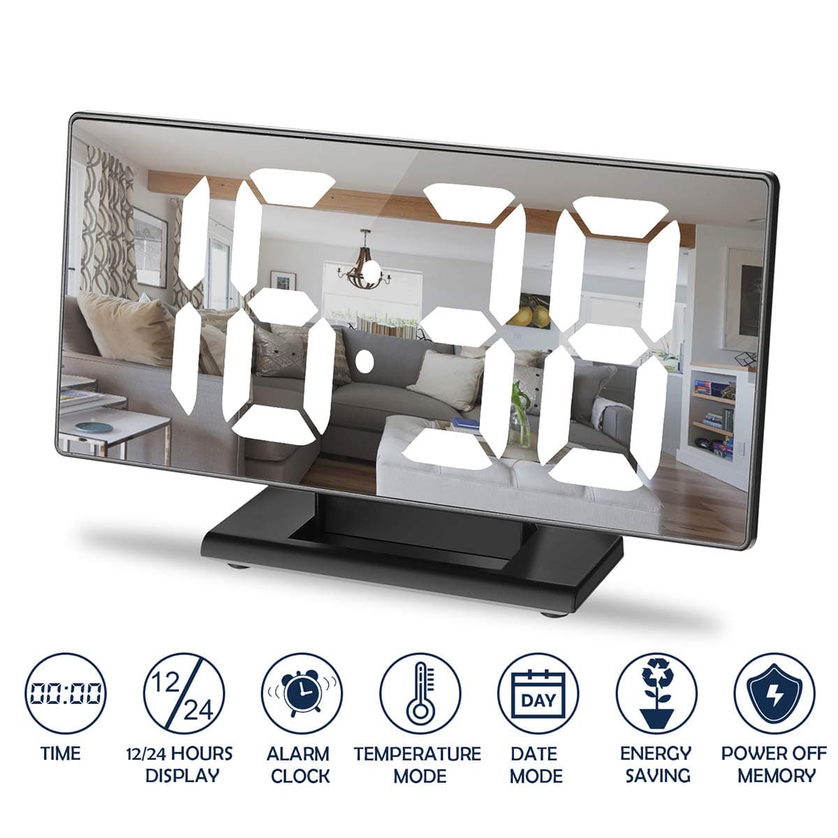 Souleader Digital Alarm Clock, 8" LED Large Display Clock Mirror Surface with Date, Time, Temperature Function Modes for Bedroom, Kitchen, Office