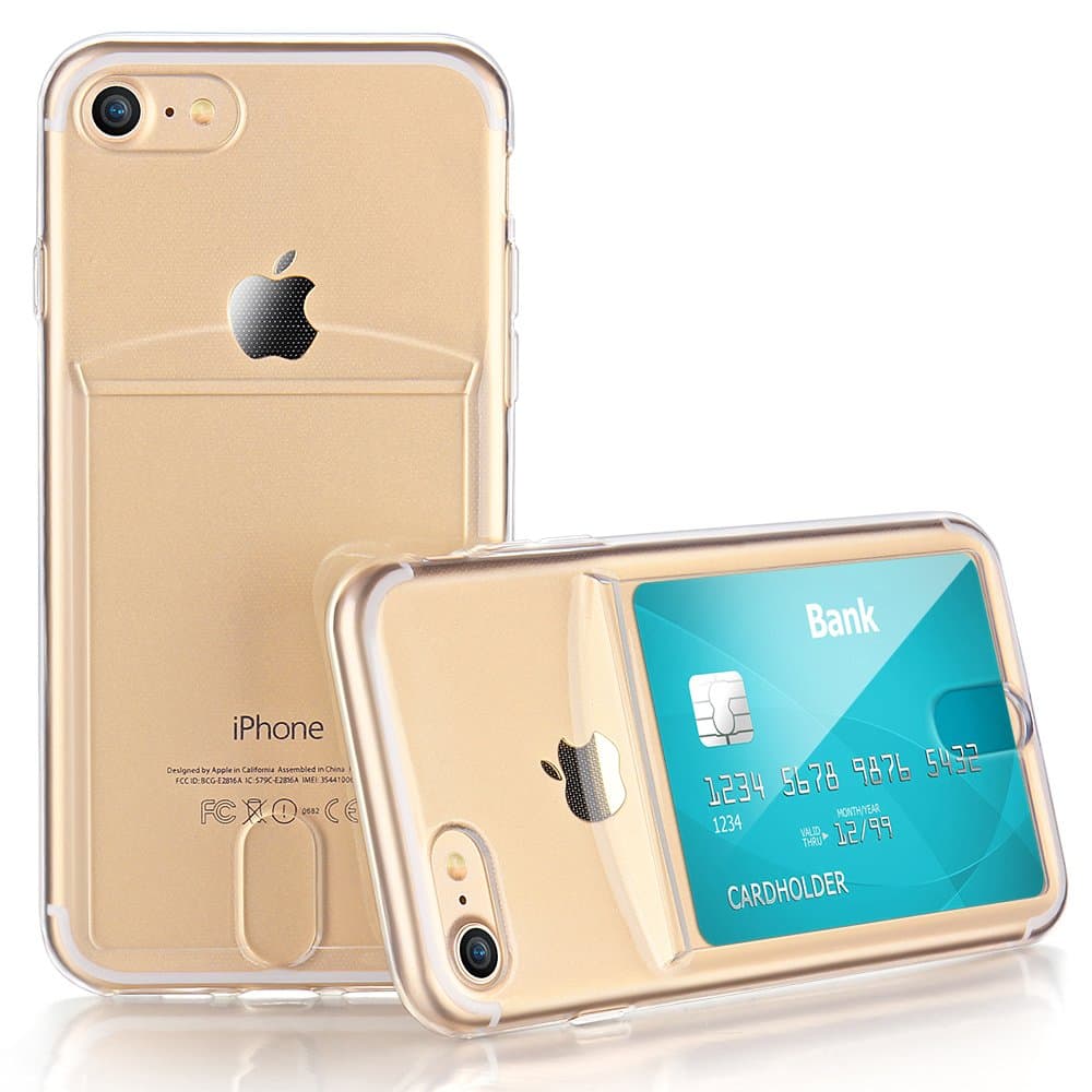 For iPhone 7 / iPhone 8 Slim Fit Clear TPU Gel Shockproof Case Cover with Card Holder (Transparent)