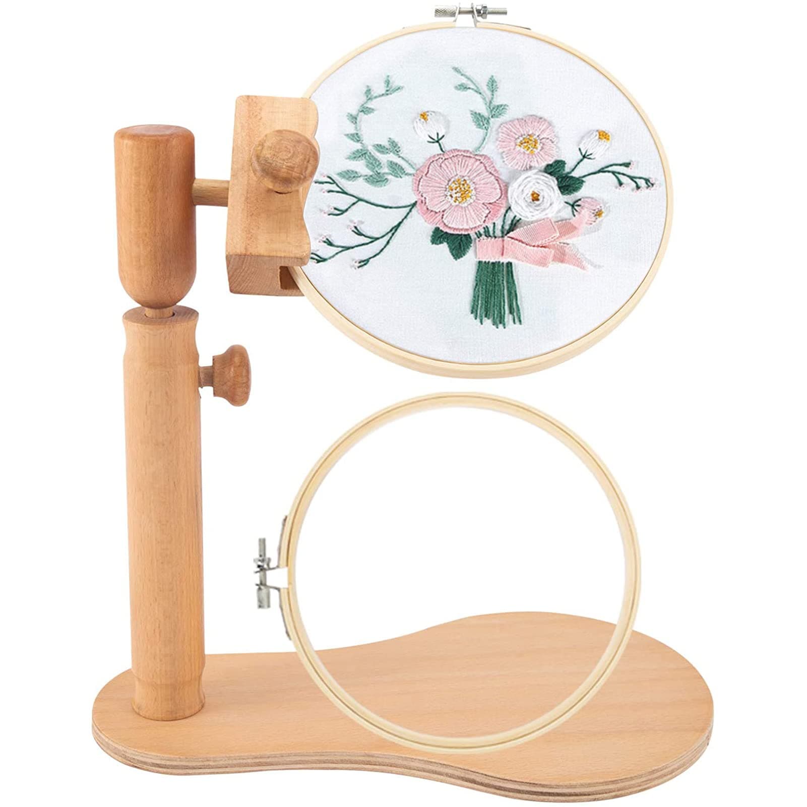 Rotated Adjustable Embroidery Frame Stand with 2 Pcs 6.7'' Embroidery Hoops- Wooden Cross Stitch Hoop Stand Embroidery Hoop Holder for Arts Crafts Sewing Needlework