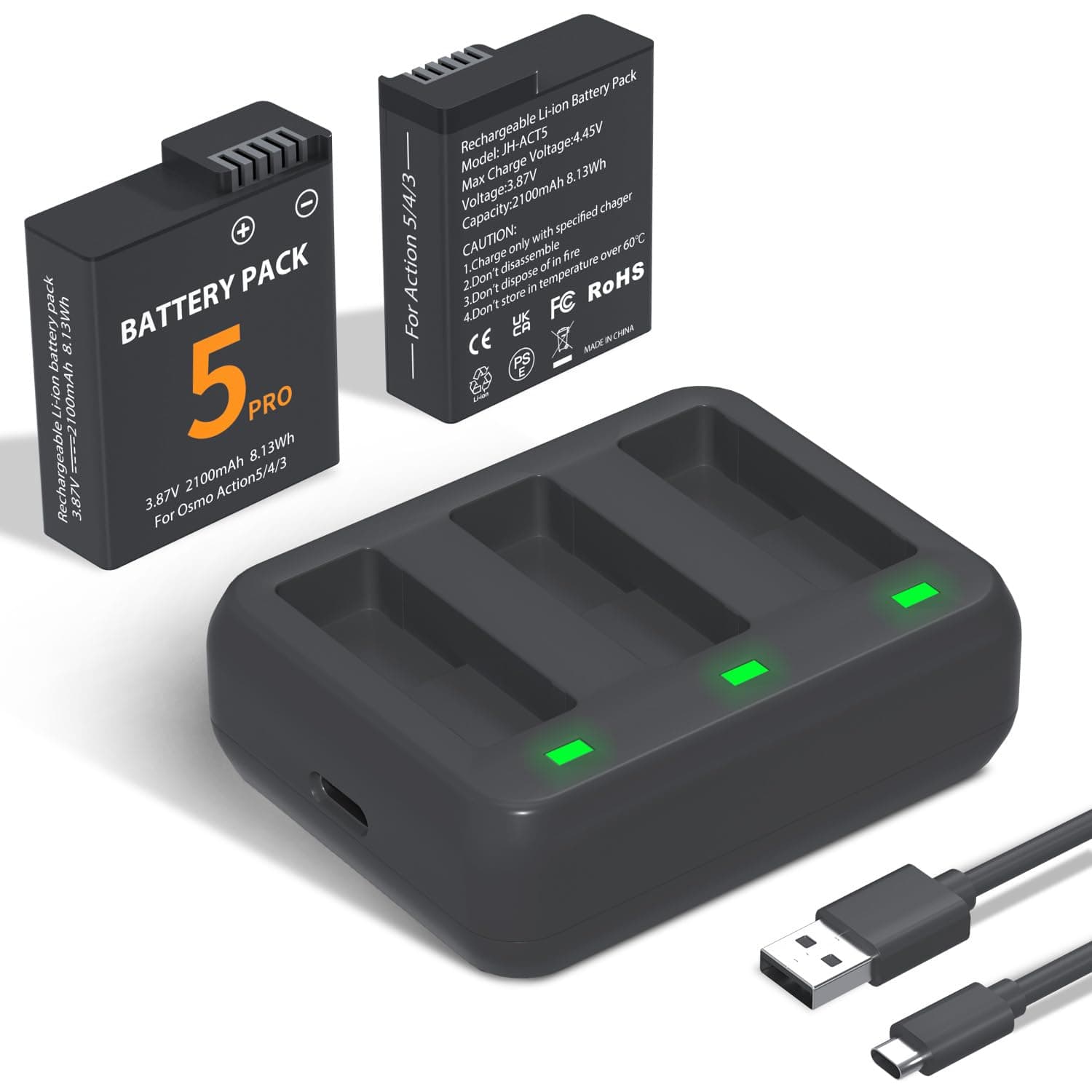 Osmo Action 5 Pro Battery Charger Pack, 2-Pack 2100mAh Replacement Batteries for DJI Action 5 Pro 4 3 Camera with Triple Slot USB-C Fast Charger, Compatible with DJI Osmo Action 3/4/5 Pro