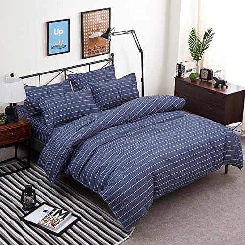Bedding sets Duvet Cover Sets 3-pieces Full/Queen Size(90"x90") Microfiber ,White and Blue Stripes Striped Prints Floral Patterns Design,Without Comforter (Full/Queen, 1Duvet Cover+2Pillowcases-17)