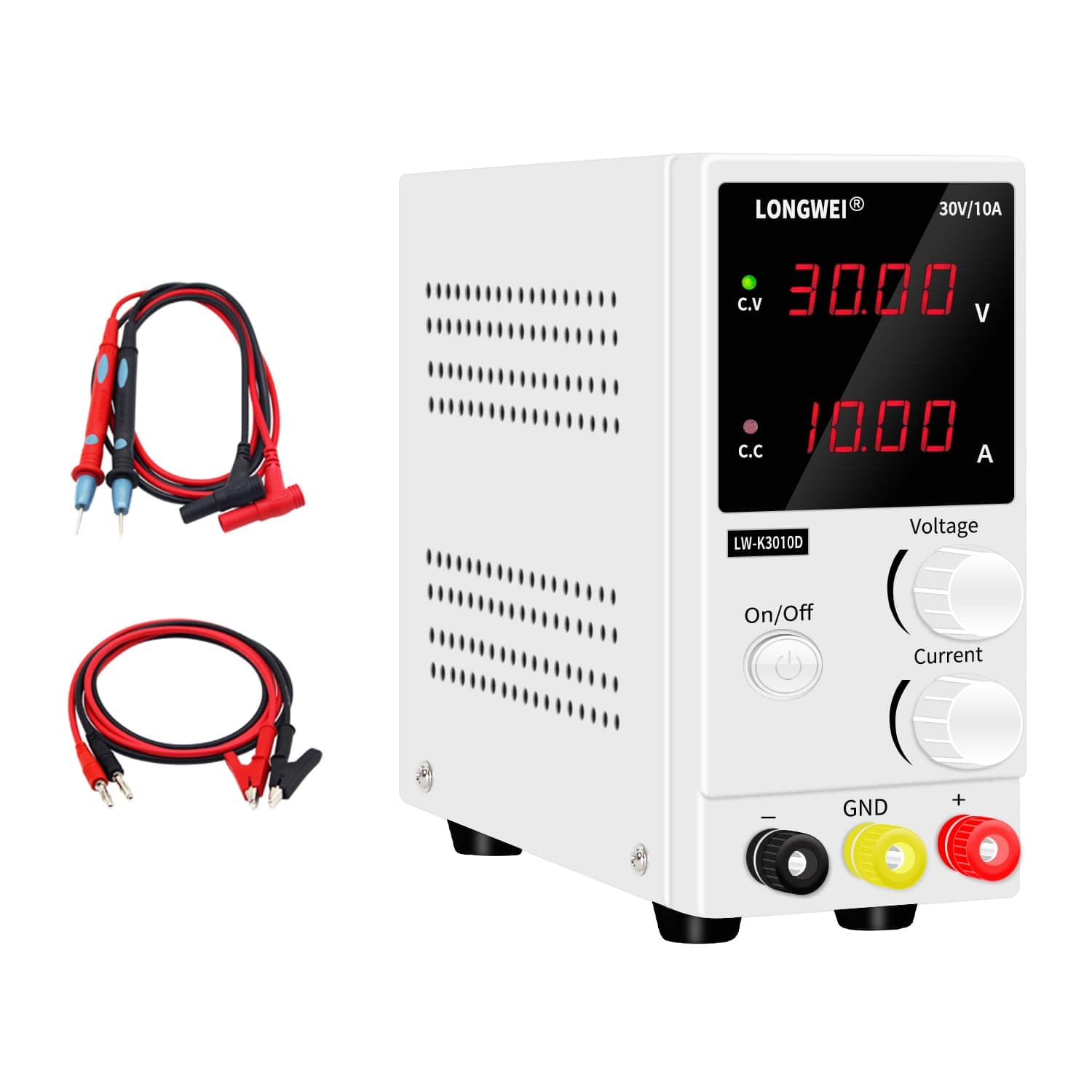 LONGWEI DC Power Supply Variable 30V 10A, 4-Digital LED Display, Precision Adjustable Regulated Switching Power Supply Digital with Alligator Leads US Power Cord