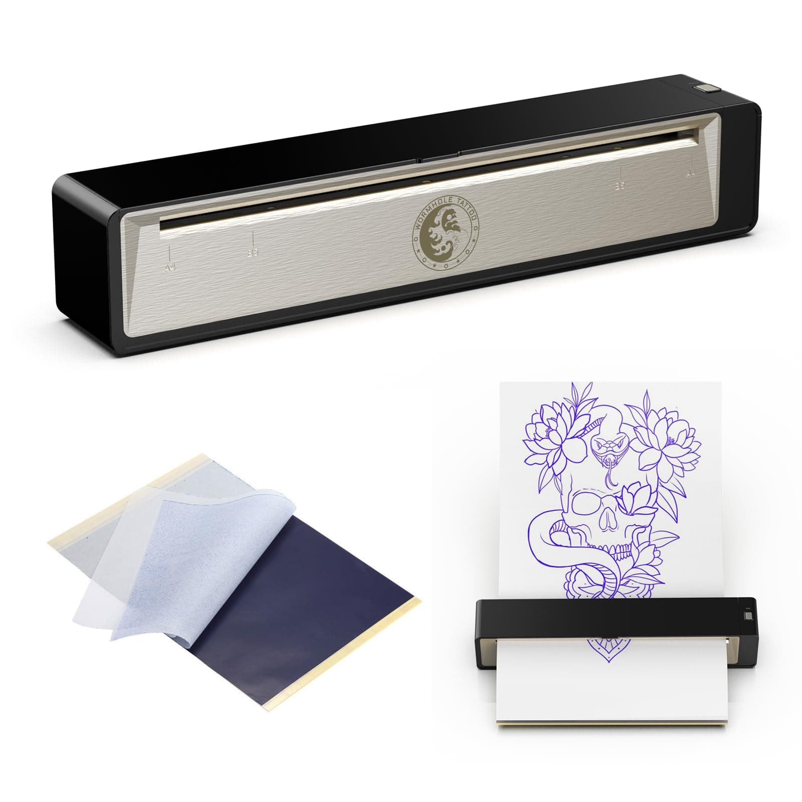 Wormhole Wireless Tattoo Transfer Stencil Printer Thermal Copier Machine Portable Rechargeable Tattoo Printer Kit Transfer Paper Compatible with Android & iOS & Windows for Tattoo Artists & Beginners