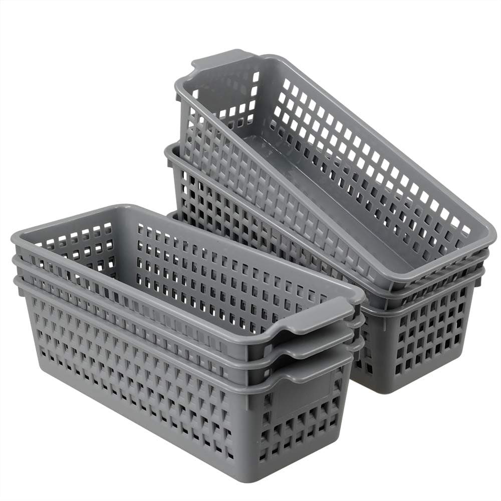 Neadas Grey Small Plastic Rattan Storage Basket, 6-Pack