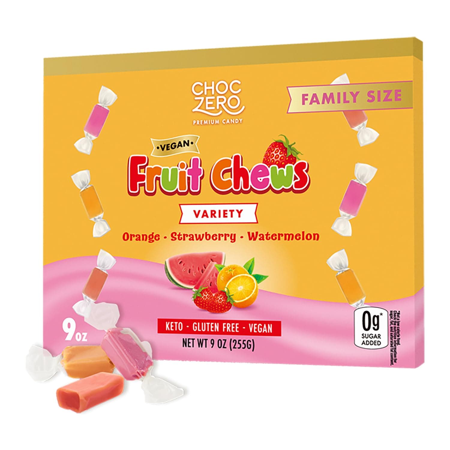 ChocZero Fruit Chew Candy Variety Pack, Sugar Free, Vegan, Keto, All Natural, Orange Strawberry and Watermelon Fruit Chews, 9 Ounce (Pack of 1)
