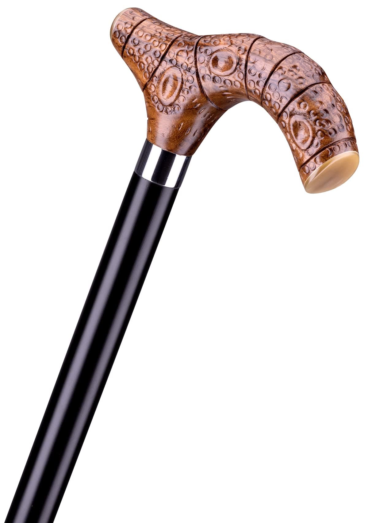 Madagaskar Walking Stick with Fritz Handle in Bamboo Root Design Made from Light brown Rosewood with Finely Patterned End Pieces Made from Real Water Buffalo Horn, Chrome Ring and Elegant Buffer