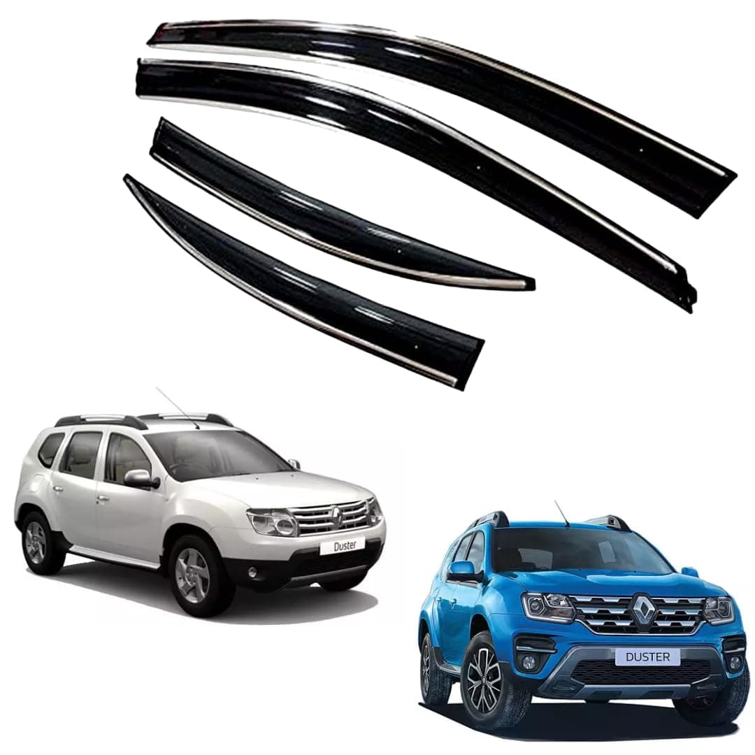 ROYALTECH Premium Chromeline & Silverline Unbreakable Car Rear Window Wind Deflectors & Side Door Visor Rain Guard Compatible with (Renault Duster (2014 Onwards))
