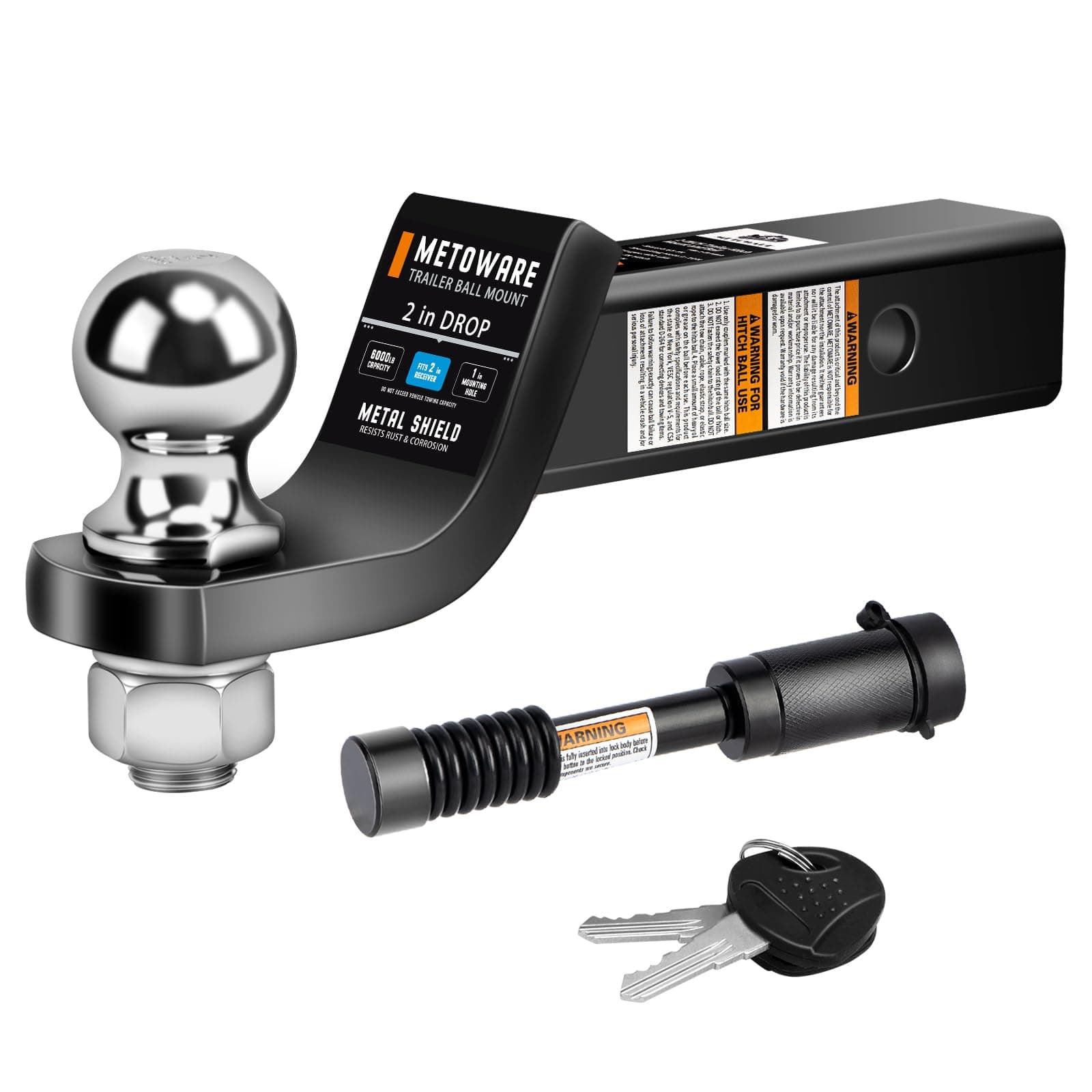 METOWARE Trailer Hitch Ball Mount, 2" Drop Hitch with 2" Ball, 6,000 lbs GTW Fits 2" Receiver for Truck SUV Boat RV, Solid Steel Towing Kit with Hitch Lock, Black