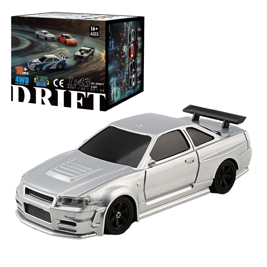 HERR RC Electric Mini Racing Drift Car Model 1:43 Scale 2.4G Full Scale Linkage Light Set Max Speed 15km/h Indoor Mini RC Toys Hobbyist Gift Black White (RTR Version/Silver)