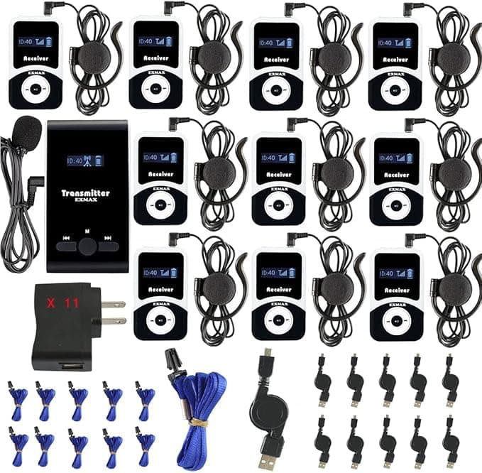 EXMAX ATG-100T 195MHz Wireless Tour Guide System Simultaneous Interpreting System for Travel Team,Church,Simultaneous Interpreting,Conference,Coaching and Teaching(1 Transmitter 10 Receivers)