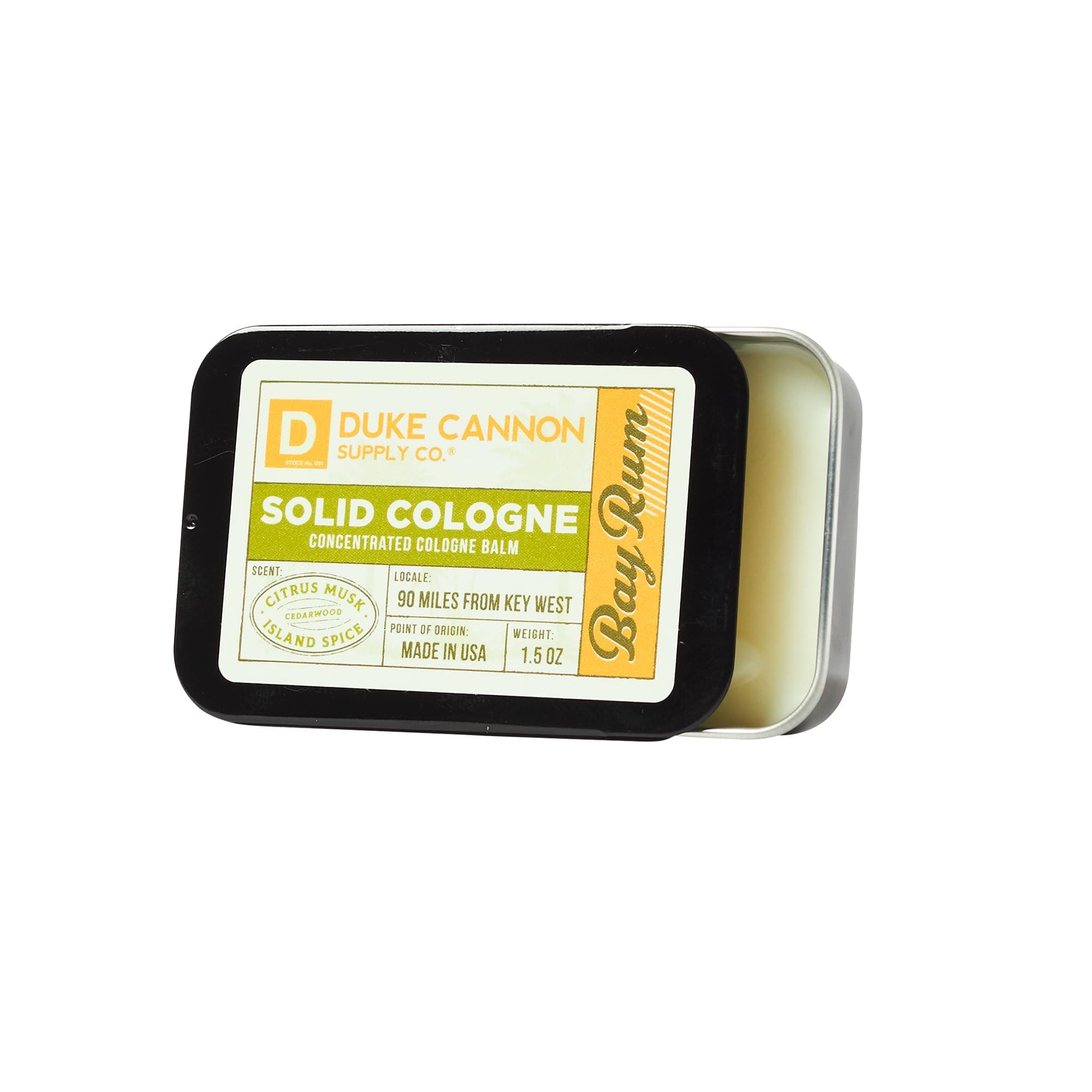 Solid Cologne for Men Bay Rum (Citrus Musk, Cedarwood, Island Spice) - Concentrated Balm, Travel-Friendly Convenient Tin, 1.5 oz