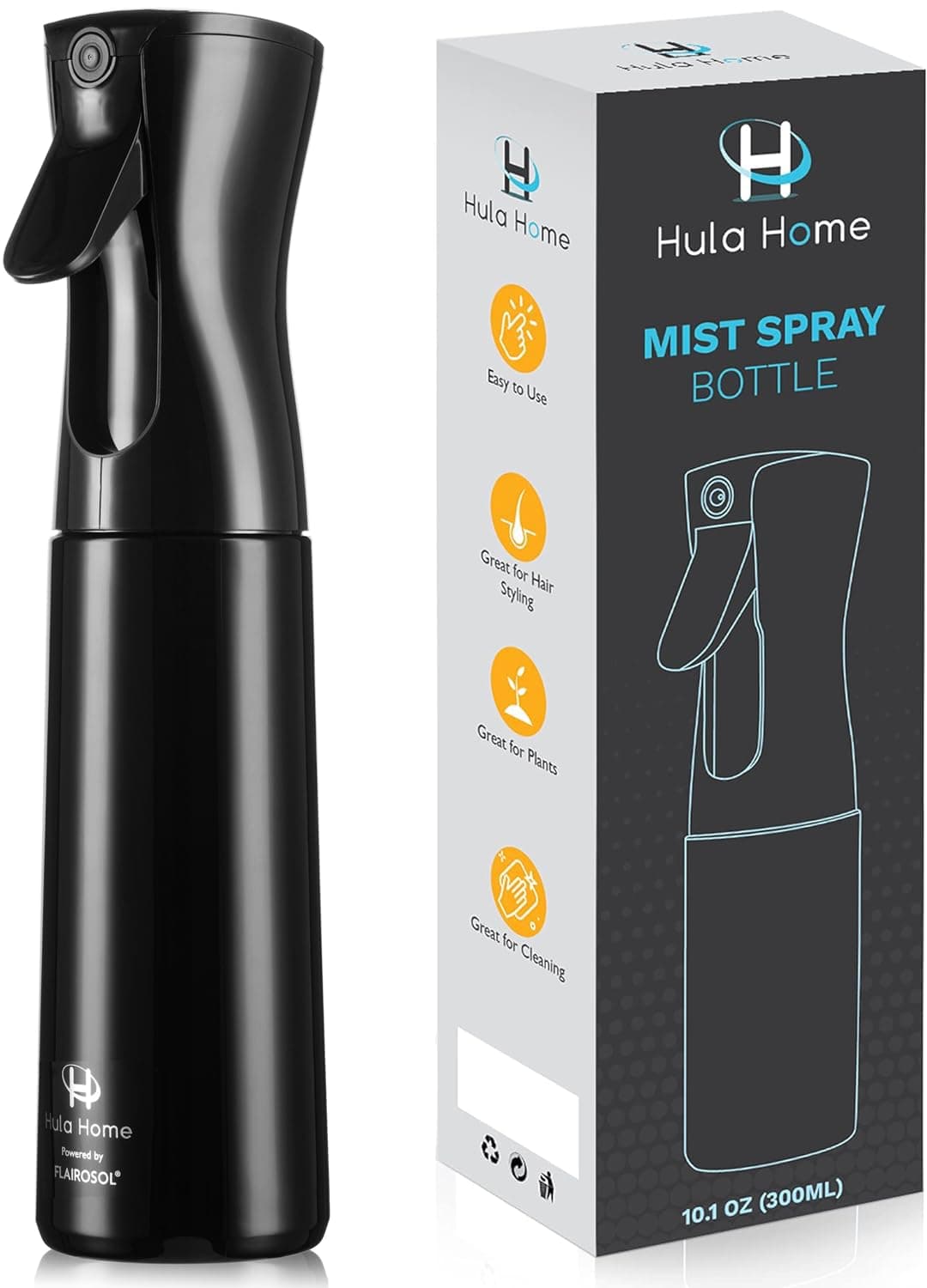 Hula Home Continuous Spray Bottle (10.1oz/300ml) Empty f falkiya Fine Plastic Water Mist Sprayer – For Hairstyling, Cleaning, Salons, Plants, Essential Oil Scents & More (Black)