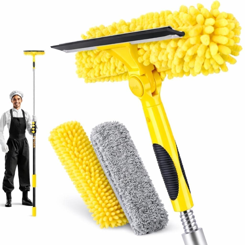 24FT High Reach Window Squeegee with Extension Pole, 2-1 Window Washing Kit with 5-Stage Telescopic Pole & Rotatable Head, No-Ladder Window Cleaner for High Window, Solar Panel, RV & Outdoor Glass