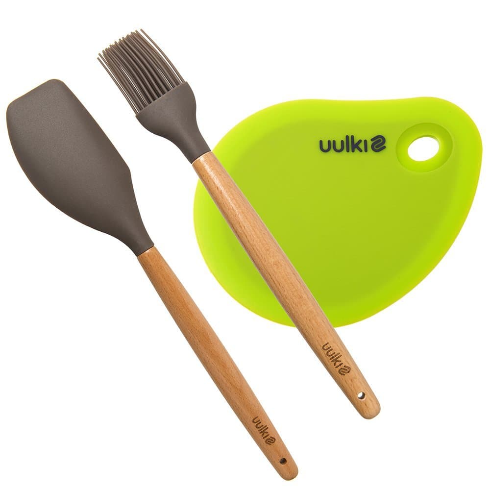 3-piece baking utensils baking set | With dough spatula, dough scraper card and baking brush | Heat-resistant baking accessories | Silicone & wood