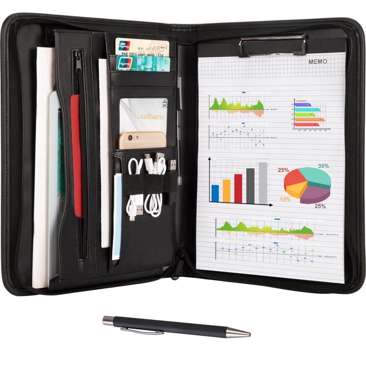 Leathario Portfolio Folder, A4 Conference Folder with Notepad, Vegan Leather Zipper Padfolio with Pockets for Tablets Notepads Files, Travel Business Portfolio, Planner Document Organizer