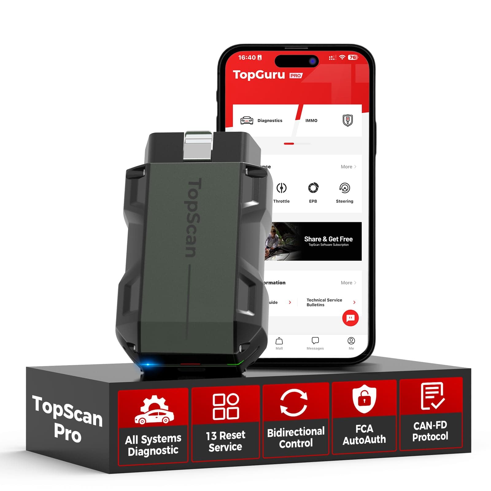 TOPDON TopScan Pro, OBD2 Scanner Bluetooth for iOS & Android, Diagnostic Scan Tool for All Cars, Car Code Reader with Reset Scanner, 13+ Reset Service, 2024 Upgraded Version of Topscan Lite