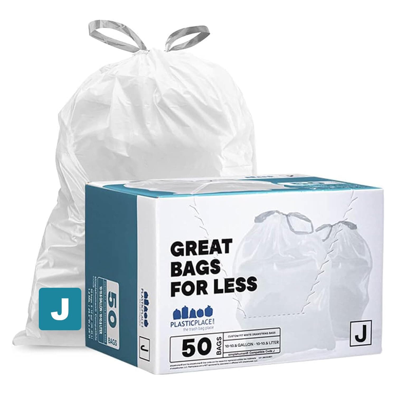 Custom Fit Trash Bags Compatible with Simplehuman Code J 50 Count White Drawstring Garbage Liners 10-10.5 Gallon 21"x28" Tear-Resistant LLDPE Bags for Kitchen Bathroom & Office