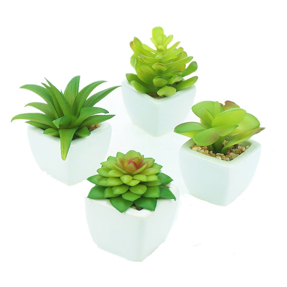 Set of 4 Modern White Ceramic Mini Potted Artificial Succulent Plants With Pots Pebble Sand Home Garden Decor