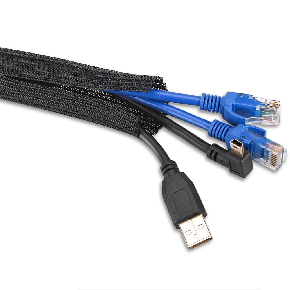 Adjustable 6.5ft/2m Braided Cable Sleeve, AGPTEK Wire Management Sleeve Hider for TV Desk PC Cable Wraps with Flame Retardancy Wires Organizer and Protector(Black)