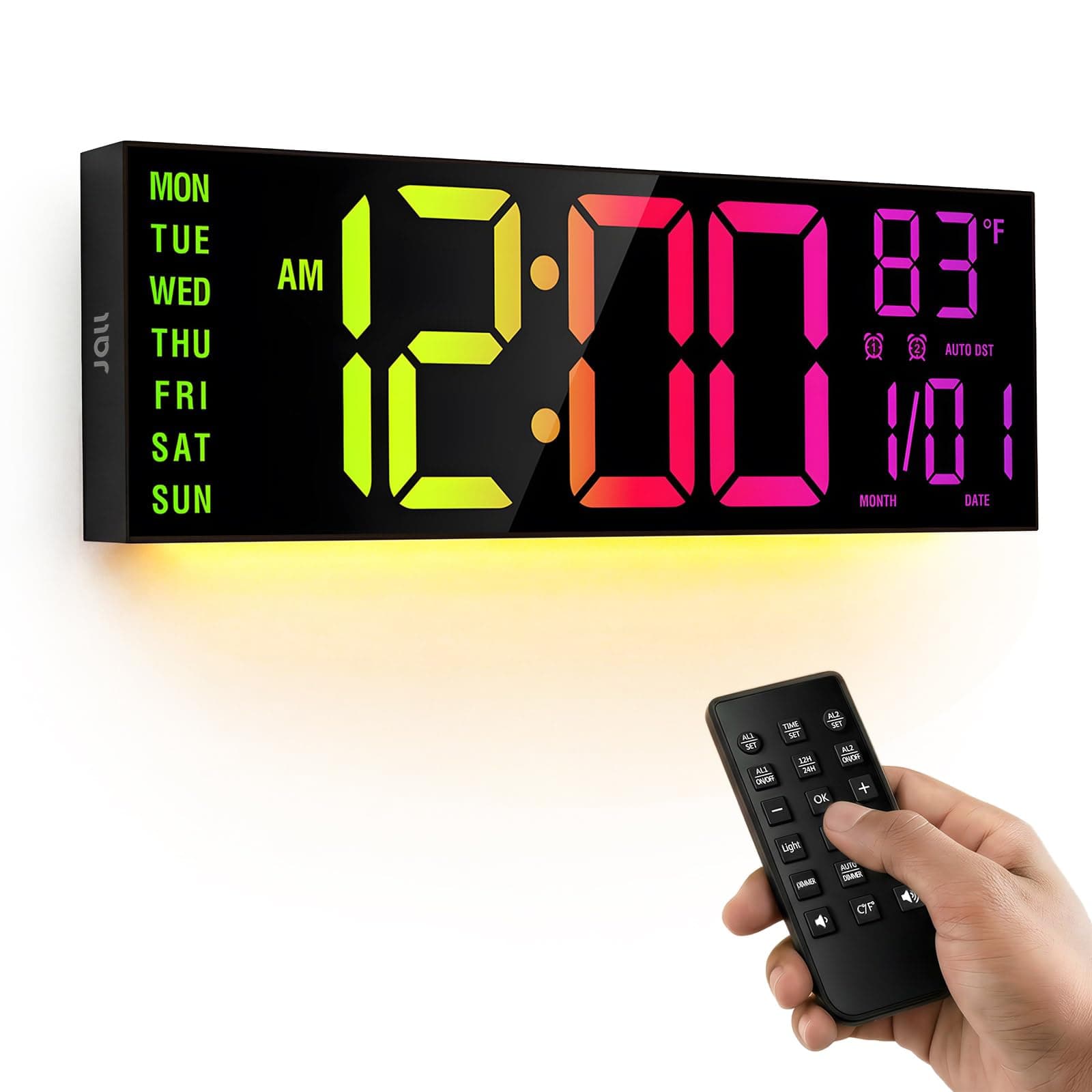 JALL Large 16 Inch Digital Wall Clock with Remote Control, Dual Alarm with Big LED Screen, 8 Colors RGB DST Car, Temperature for Living Room, Bedroom, Decor