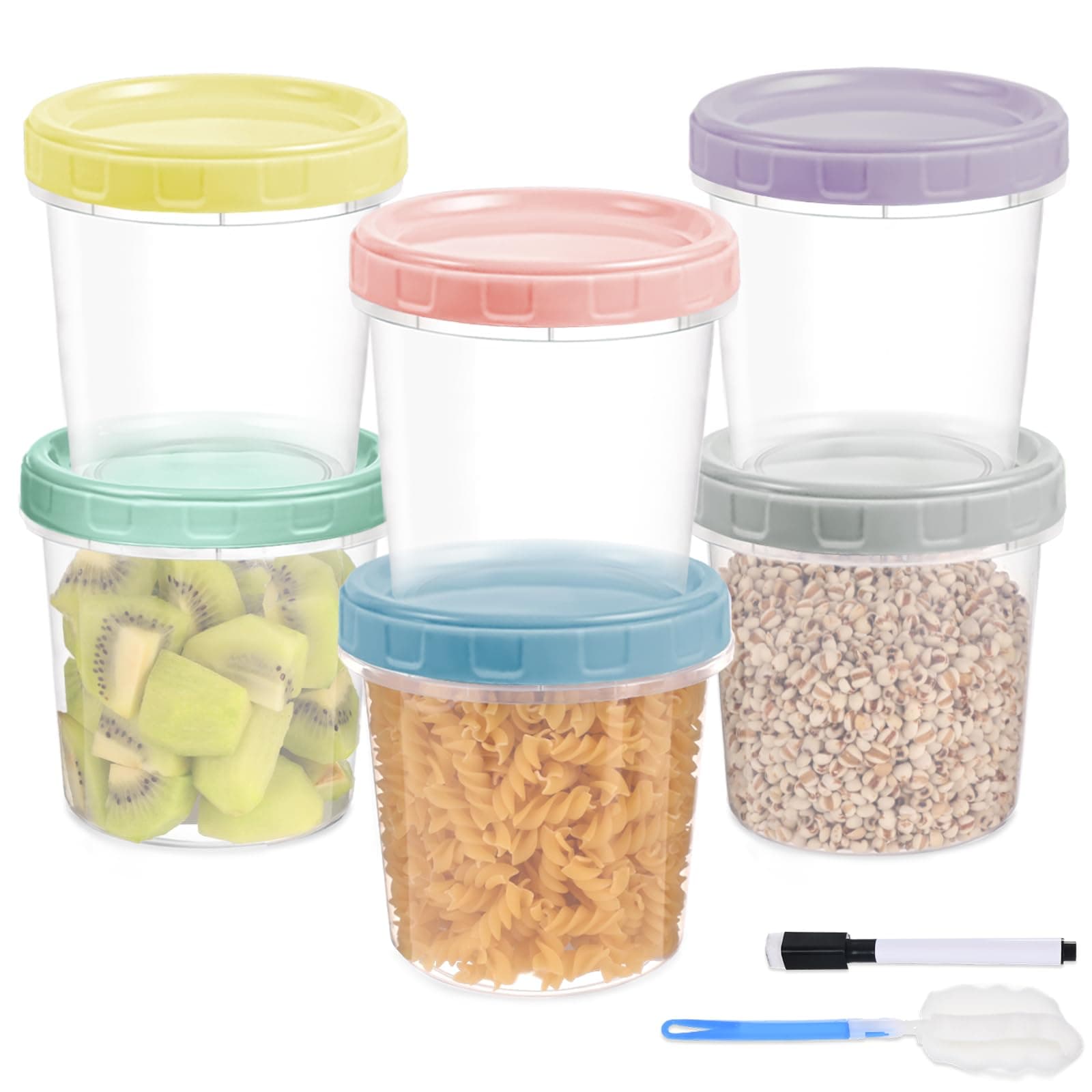 6pcs 32 oz Plastic Containers with Screw Top Lids, Reusable Clear Food Storage Containers with Pen and Brush, Leakproof Freezer Soup Containers, Microwave & Dishwasher Safe