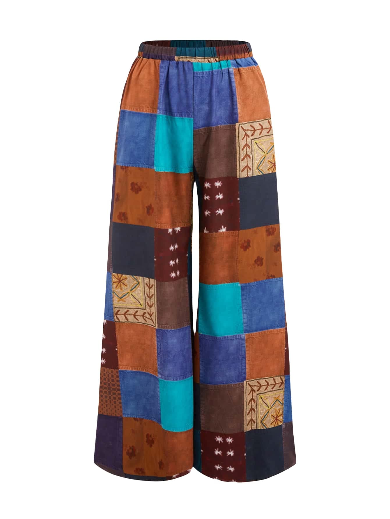 Women's All Over Print Patchwork Wide Leg Hippie Elastic High Waist Boho Pants