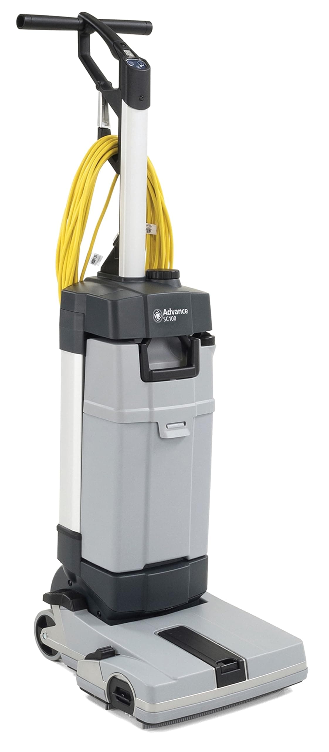 Nilfisk Advance SC100 Upright Automatic Scrubber; 12 inch Cylindrical; 110 V, Cord-Electric; 33 ft (10m) Detachable Yellow Safety Cord (107416428); (1) Medium Nylon Brush Included (107411860)