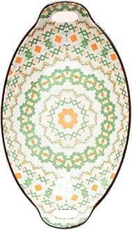 Nestasia Green Criss-Cross Ceramic Long Dish with Handles for Serving Snacks, Appetizers, Salads, and Noodles| Microwave Safe, Dishwasher Safe (10.8 Inch)