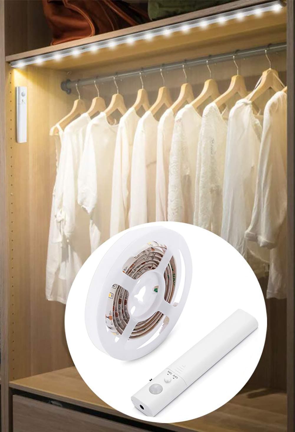 LED Battery Operated Bed Light, Dual Mode Motion Night Light, Flexible Led Strip Battery Motion Sensor Closet Light Rope Light Kit for Bedroom Cabinet, Nature White 4000K