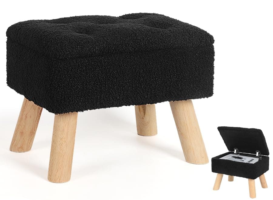 Storage Ottoman, Small Foot Stool Ottoman With Storage, Boucle Teddy Velvet Foot Rest With Padded Seat. (Black)