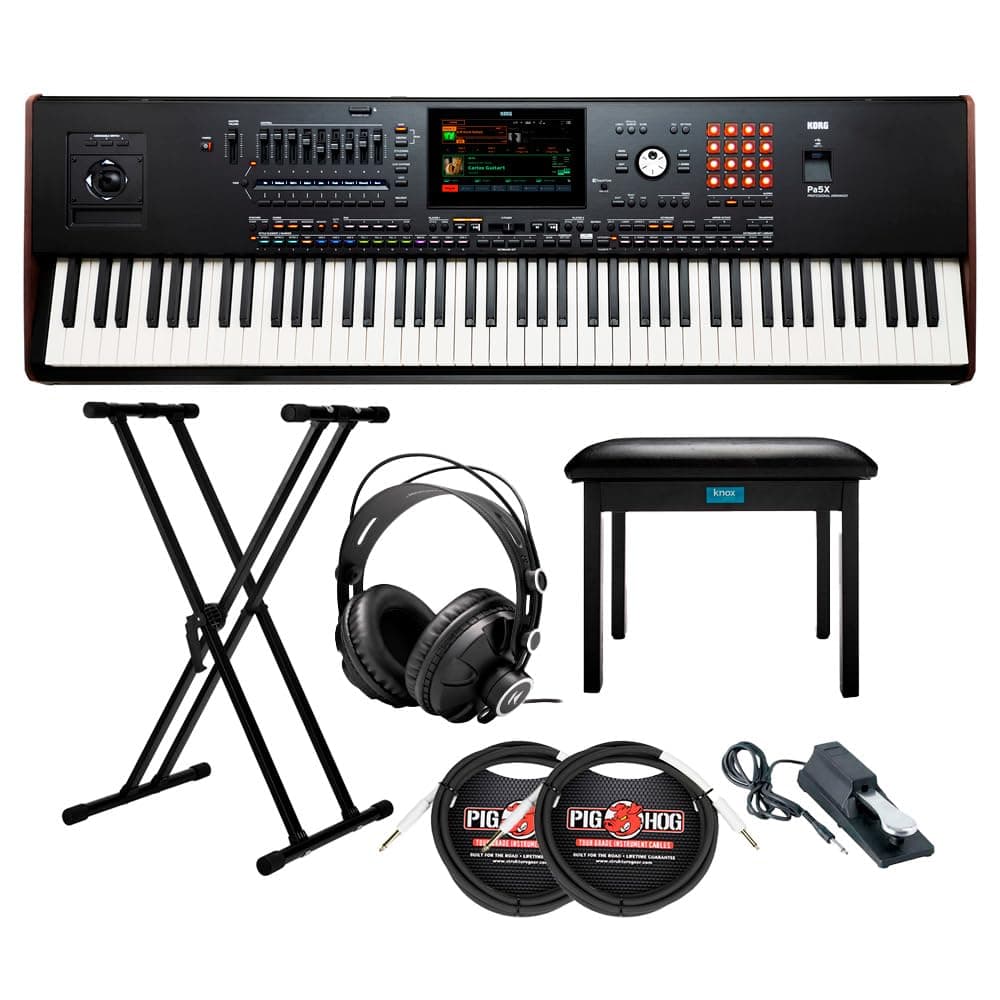 Korg 88-Key Pa5X Professional Arranger Bundle with Adjustable Keyboard Stand, Flip-Top Bench, Closed-Back Headphones, Sustain Pedal, and 1/4 Inch TS Cables (7 Items)