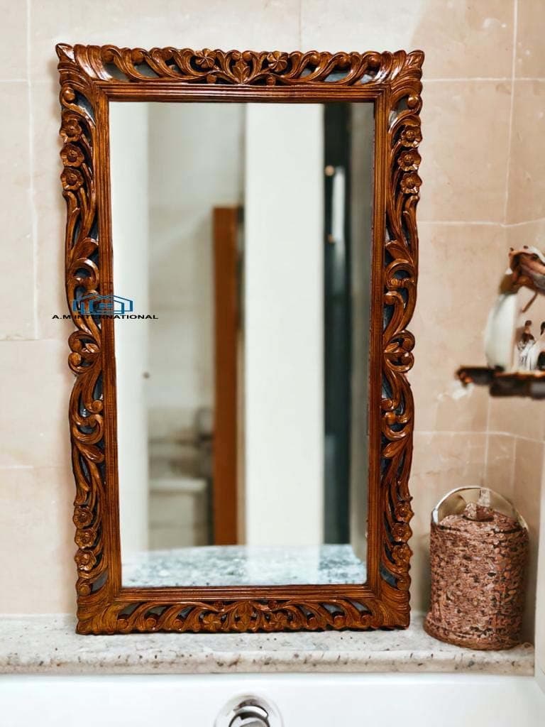 Wooden Hand Carved Decorative Wall Mirror Frame in Solid Mango Wood for Bedroom, Living Room, Home Decor, Without Mirror (Size 5 * 2.5 FT) (White) (Natural Wood)