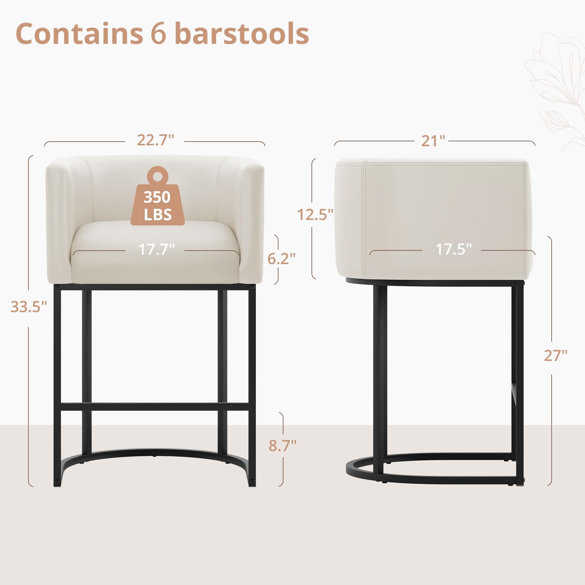 LUE BONA 27" H Counter Height Bar Stools Set of 6, Modern Barrel Counter Stools with Backrest and Arms, Black Metal Frames, Faux Leather Upholstered Accent Barstools for Kitchen Island, Antique White