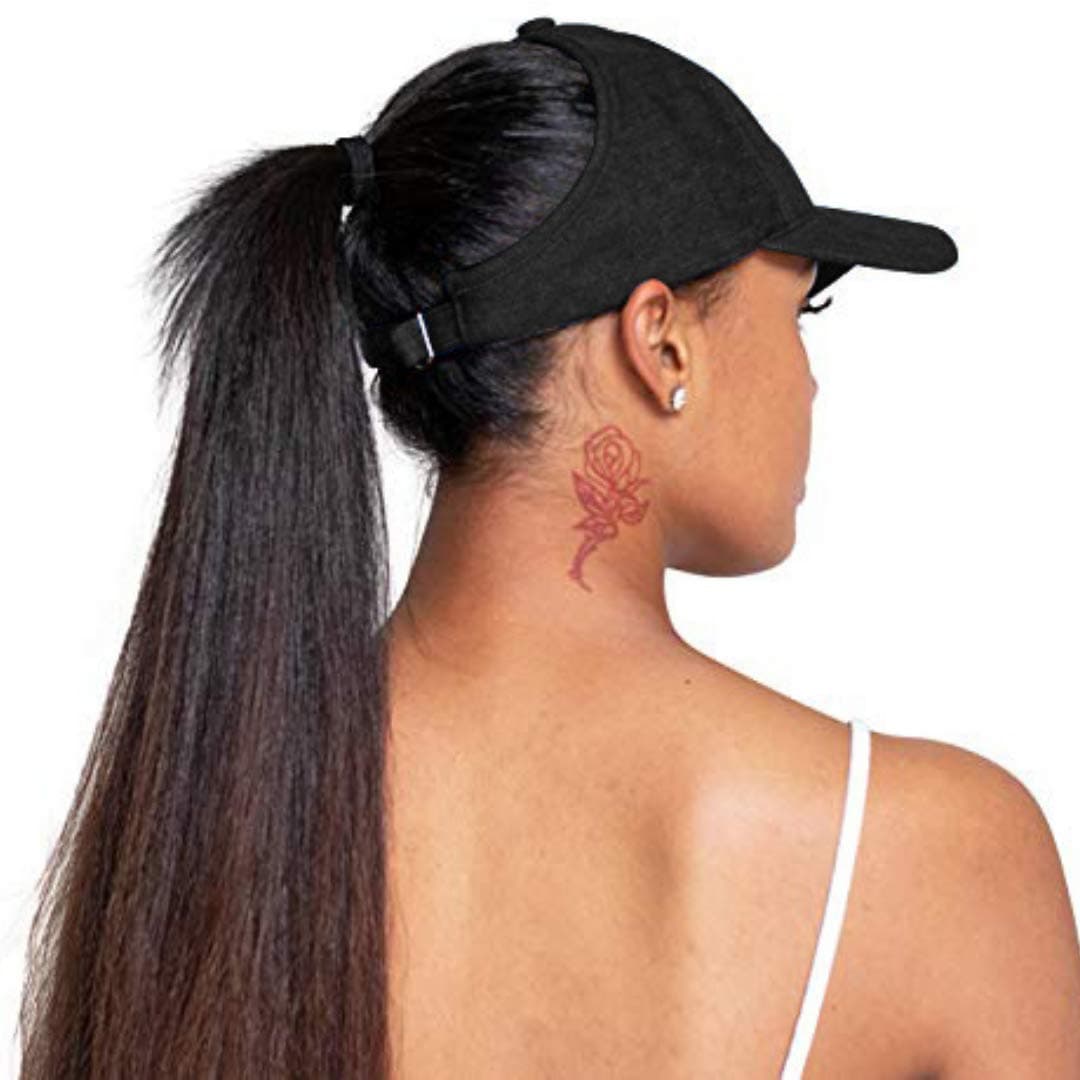 Backless Women's Denim Ponytail Baseball Cap, Backless Cap for Straight, Curly, Natural, Gym, High Puff Hat, Messy Bun (Satin Lined)