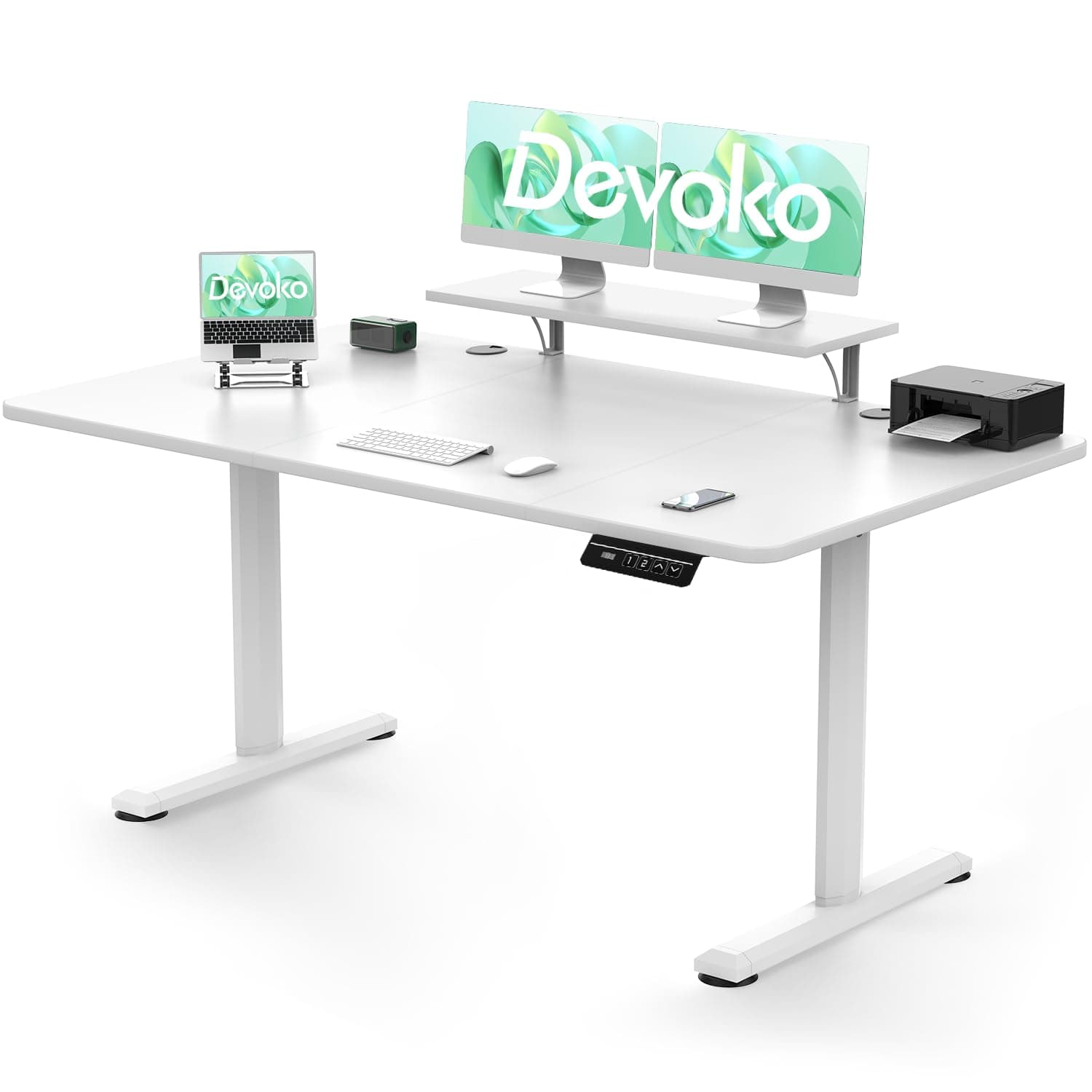 Devoko Electric Standing Desk 160 x 70cm, Height Adjustable Standing Desk with Monitor Stand, Stand Up Desk Home Office Desk with Memory Smart Pannel Sit Stand Desk (White)