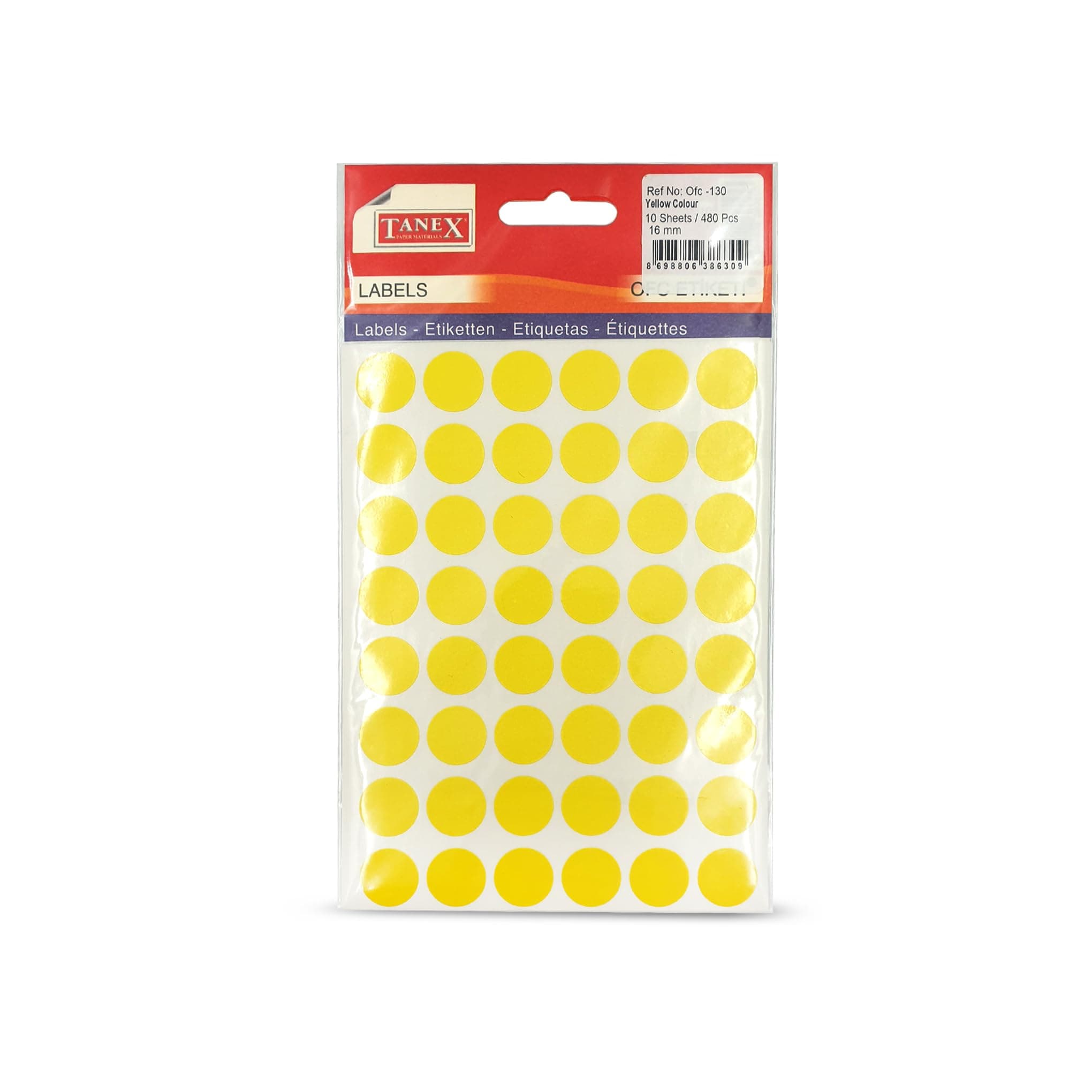 Tanex Round Self-Adhesive 48 Labels x 5 Sheets, 16 mm Diameter, Yellow
