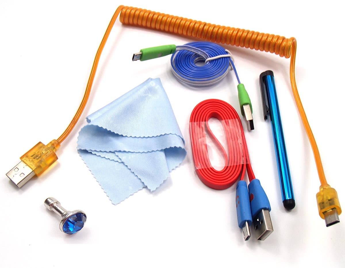 3 Pcs Android Smartphone Data Cables Kit:led 1m 3feet Data Sync USB Charger with Blinking Visible Current Flow Cable+led 1m/3feet Elastic Spring Coiled Light up Fasttravel Charge & Sync USB Charger Adapter Rapid Charging Cable +Led 0.9m/35inch a Male to Micro-usb Data Sync Flat Noodle Cable with Blinking Colorful LED Connectors for Samsung HTC and More+microfiber Cleaning Cloths +Touch Screen Cellphone Tablet Pen+universal Headset Rhinestone Dust Plug