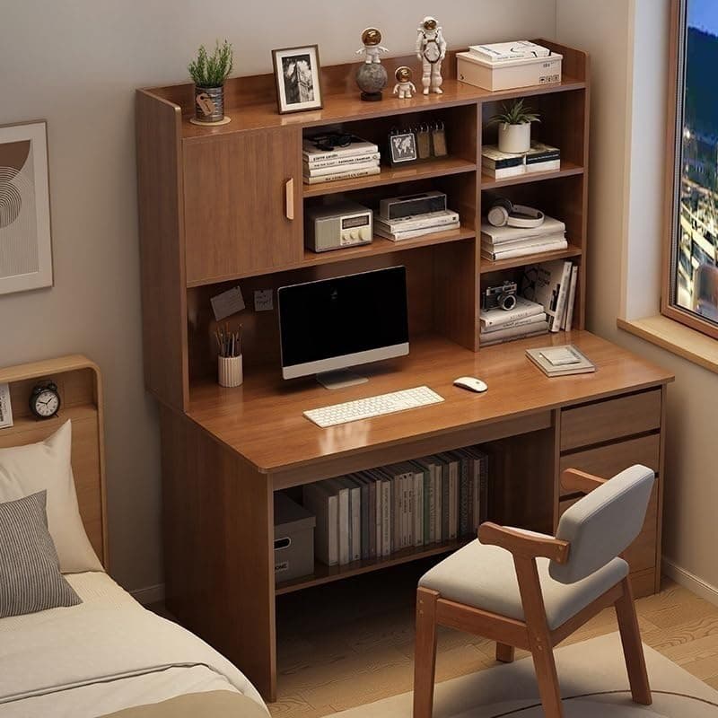 LITFAD Modern Computer Desk Home Desk Work with Hatch with Bookshelf and Integrated Cable Management, Rectangular Wooden Office Desk with 3 Drawers, 47.2"L x 17.7"W x 64"H Dark Walnut