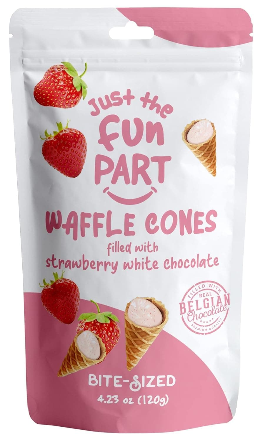 Just The Fun Part, Bite-Size Crispy Mini Waffle Cones, Filled with Premium Belgian Chocolate, Great for Snacks, Dessert, Grab & Go - Kosher, Strawberry White Chocolate (Pack of 1)