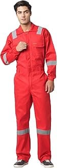 FRENCH TERRAIN® Men's 100% Cotton Industrial Work Wear Coveralls (Boiler Suit/Dungarees) with Reflective Tape, 200 GSM.(Col. Red, Size_M - 38)