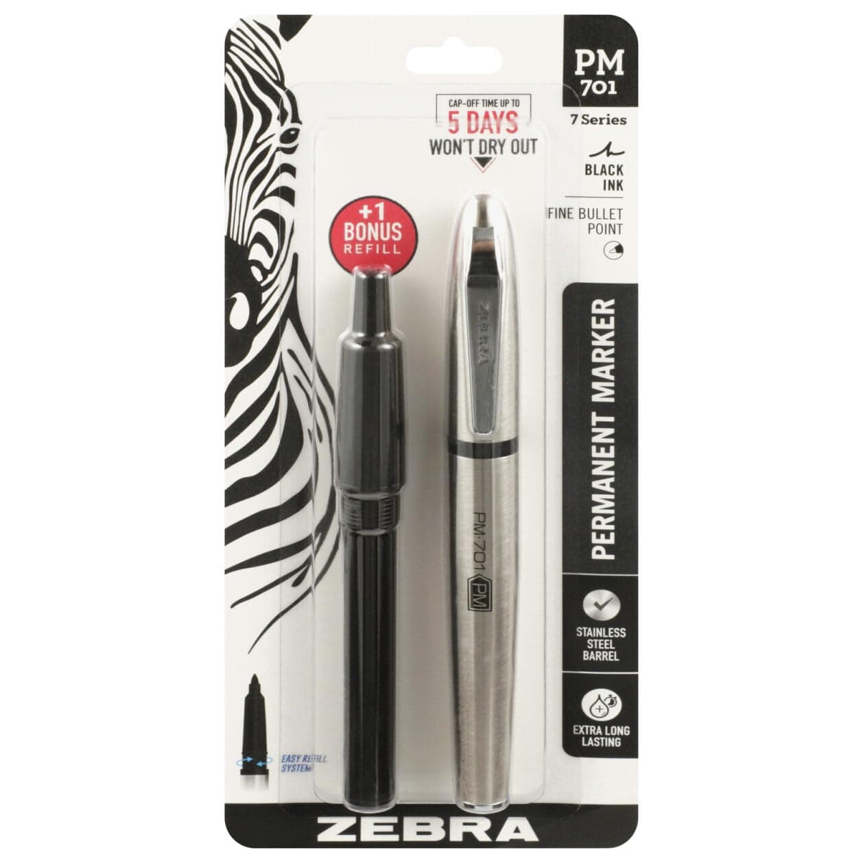 Zebra Pen, PM-701 Permanent Marker, Fine Bullet Point, Black Ink, Stainless Steel Barrel, Refillable, Includes 1 Refill, Cap Off Time of 120 Hours, 1-Pack (65211)
