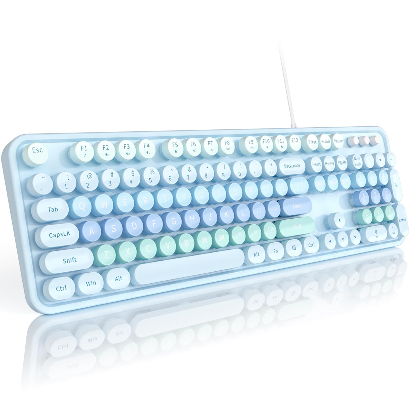 MOFII Keyboard Wired Large Print, Computer Keyboard Plug Play, Colorful Retro Round Typewriter Keyboard with Numeric Keypad and Media Hotkey for Windows PC Laptop (Pale Blue)
