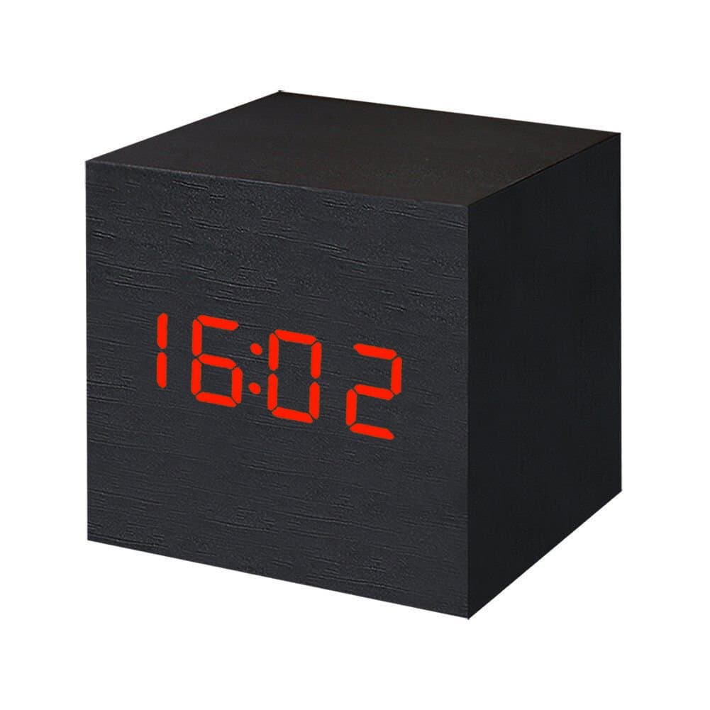 Digital Alarm Clock Wooden LED Light Clock Multifunctional with USB Charging Cable Time Date Temperature Adjustable Brightness Cute for Travel Home Office (Black) by EWTTO