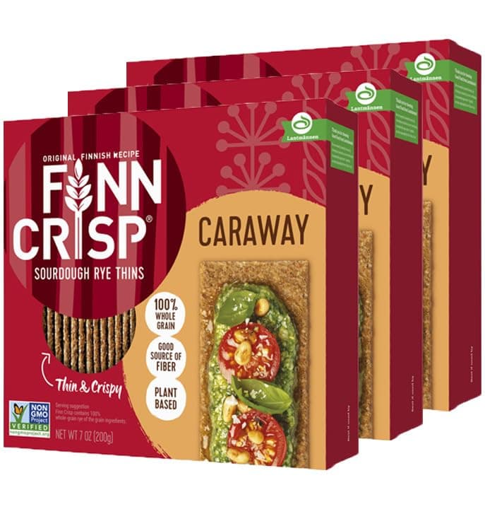 Rye Crispbread with Caraway 7oz | Thin, Crispy Rye Flatbreads with Caraway | Multipack of Authentic Finnish Sourdough Crispbread | Caraway Rye Crackers by Finn Crisp [3 Boxes x 7oz]